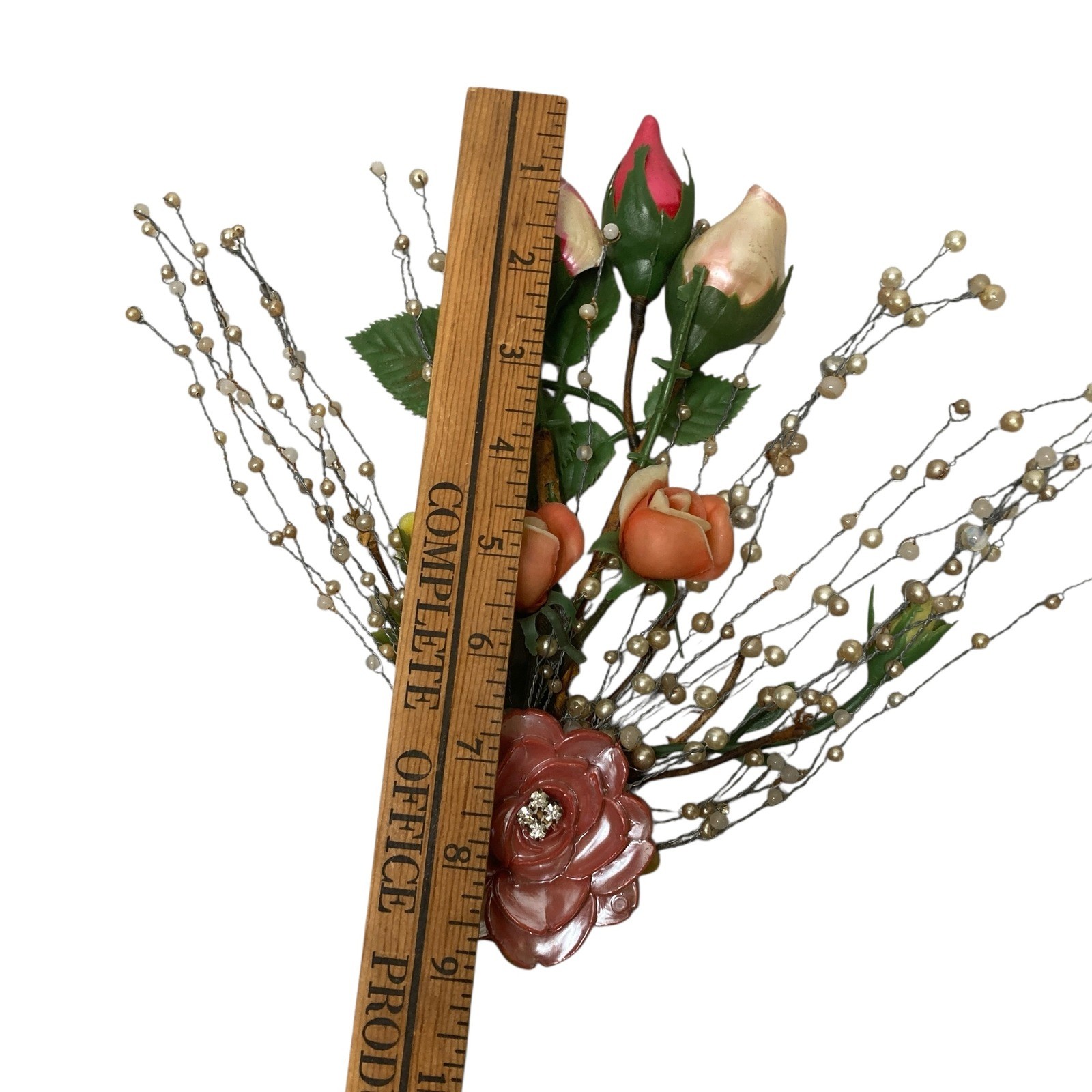 VTG Floral Arrangement Roses Pearl Beads Decorative Bouquet Display Handcrafted
