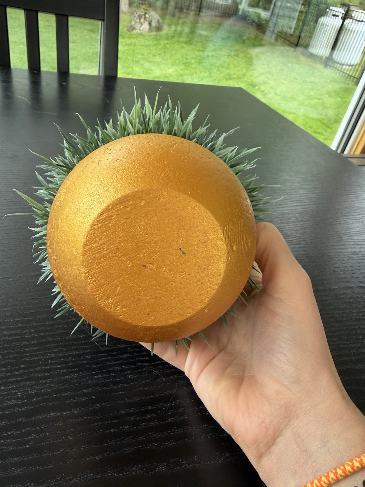 Artificial Green Grass Ball Houseplant in Round Gold Pot, 5ish in Tall
