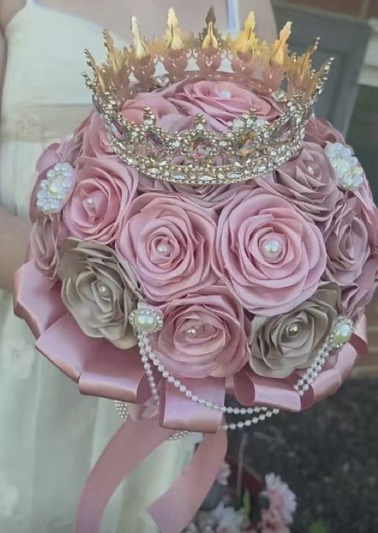 Artificial Pink Rose Wedding Bridal Bouquet Arrangement with Gold Crown