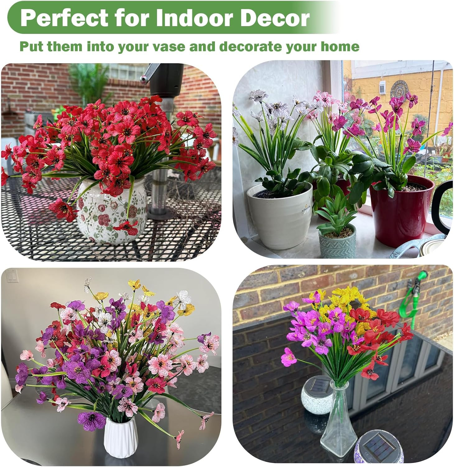 Fake Outdoor Flowers Uv-Resistant – 24 Bundles 6 Colors Realistic Artificial Flo