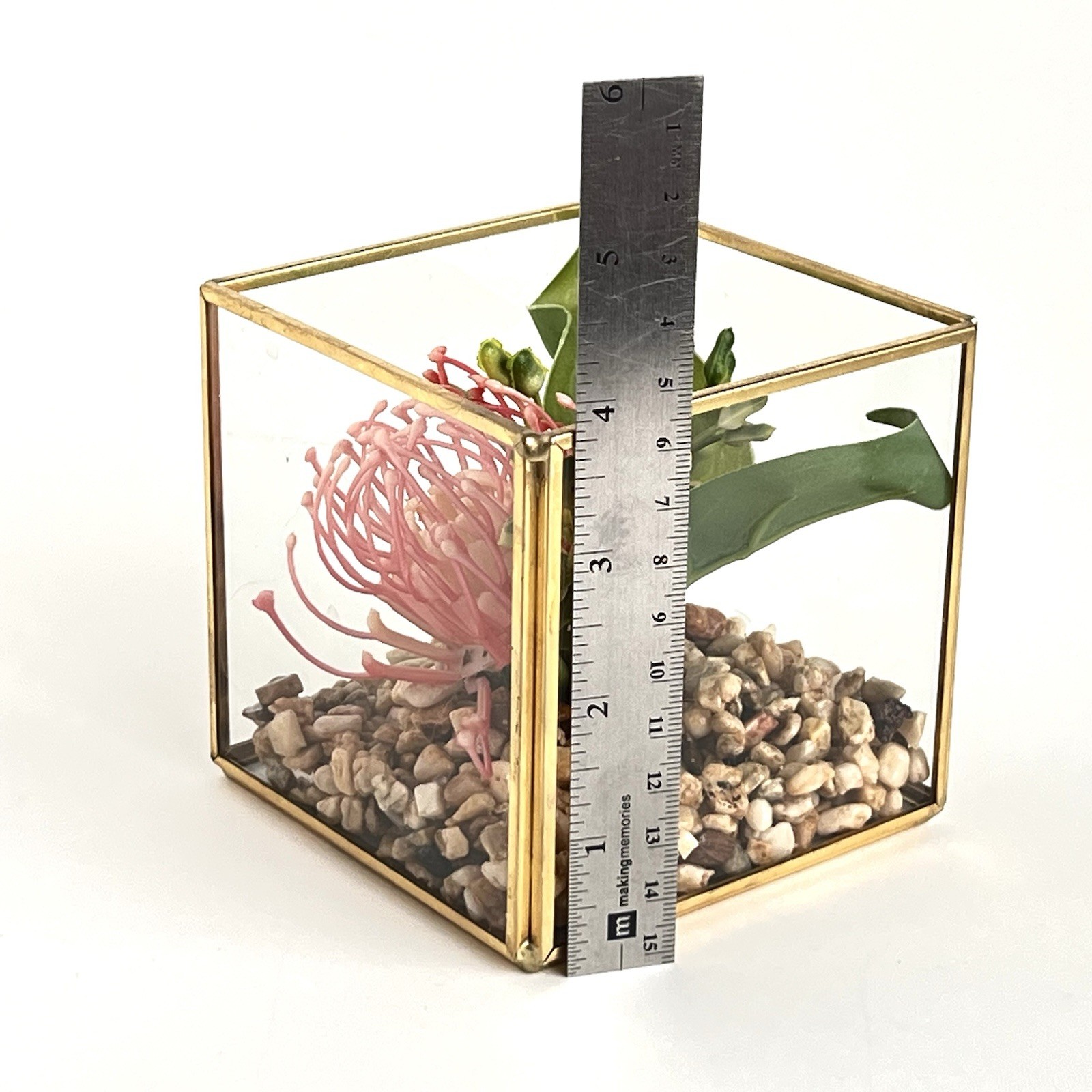 Geometric Square Terrarium Tabletop Planter Artificial Succulents 4” Brass