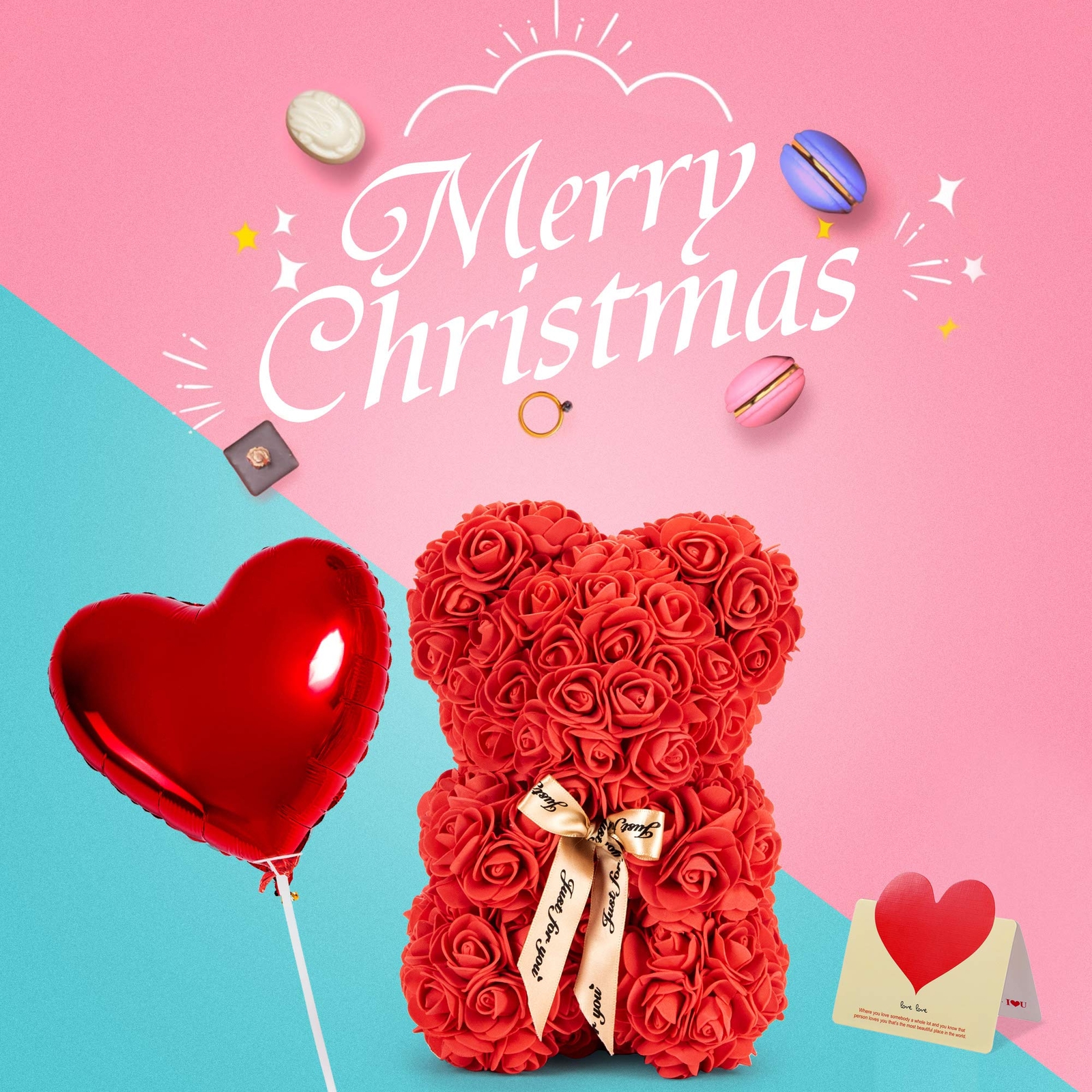 Rose Bear Teddy with Ribbon – 10” Flower Bear 300 Artificial Roses Gift for Her