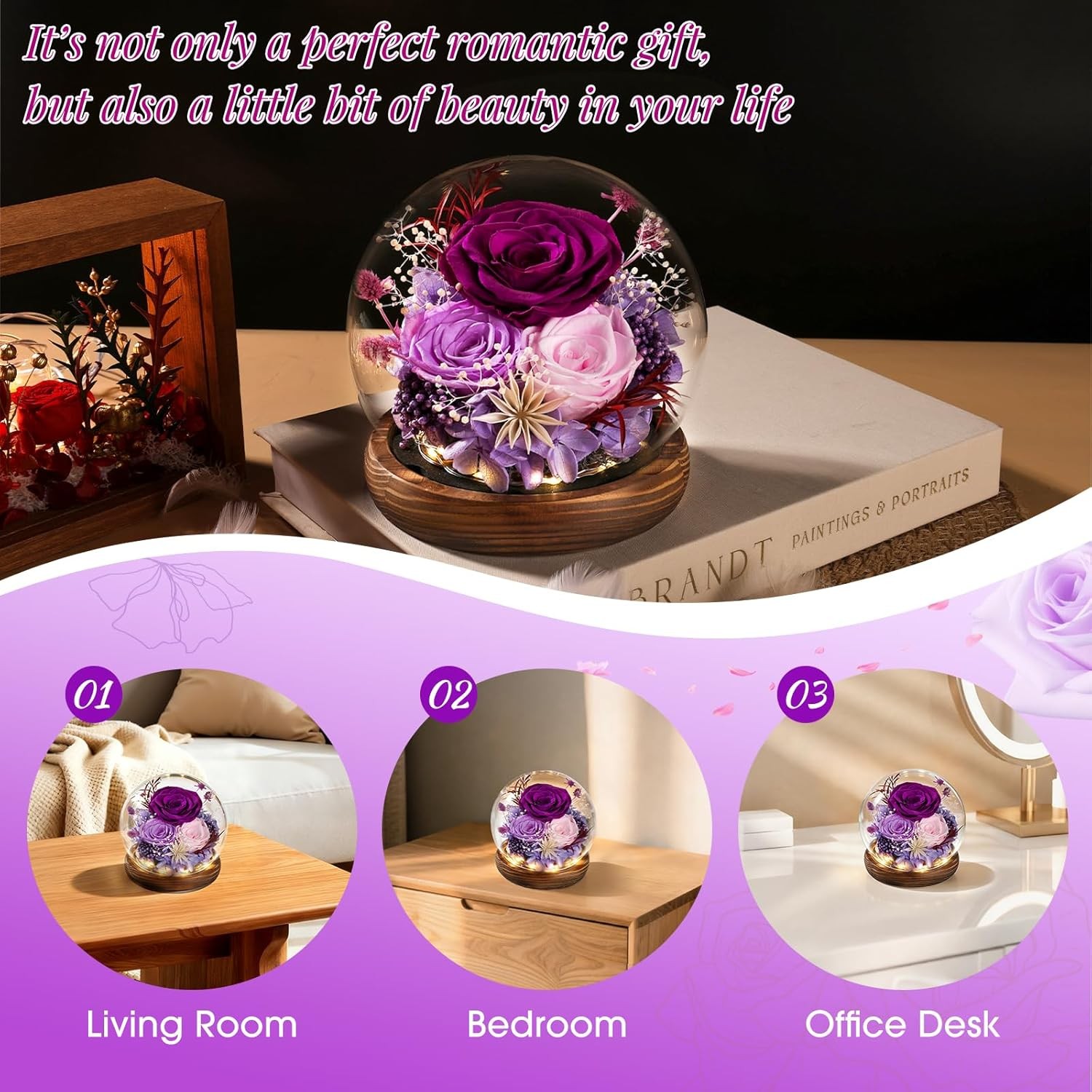 Preserved Eternal Rose in Glass Dome Led Light Flower Mothers Day Gifts for Mom