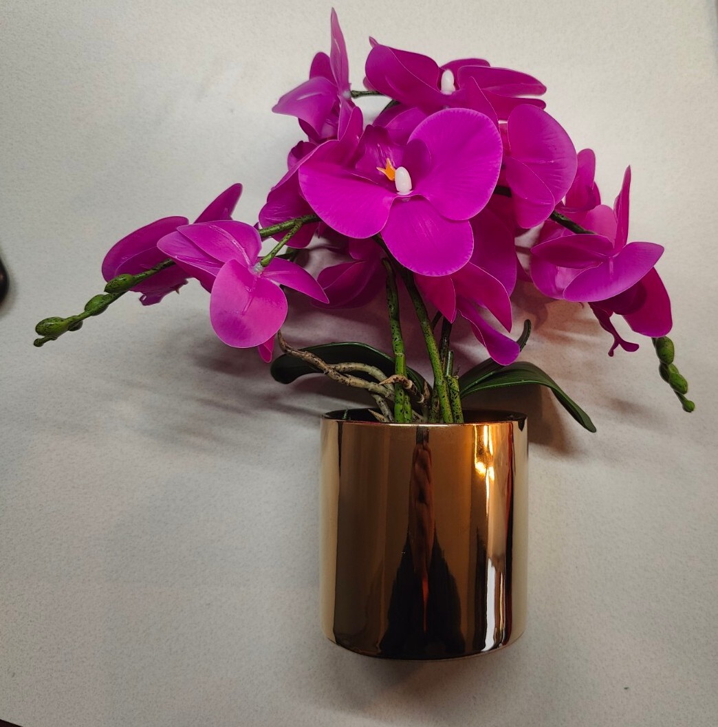 Artificial Orchid Flower with Vase Purple flower and Gold round Vase, 14″ Tall