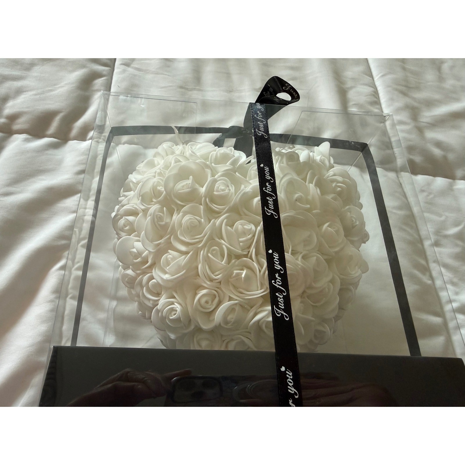 White Artificial Rose Flower Heart Gift Box Valentine Anniversary Decor