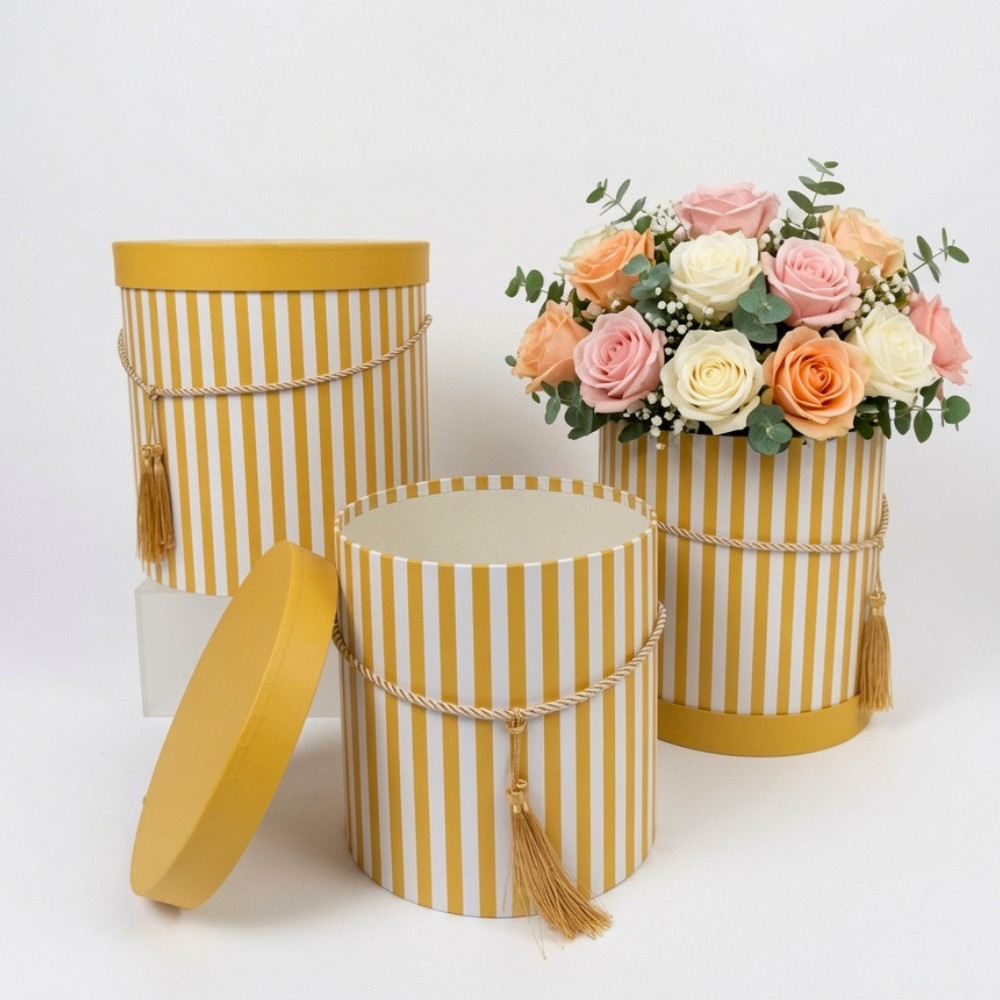 Premium Quality Round Flower Box, Floral Gift Box, Set of 3 pcs, with Stripes