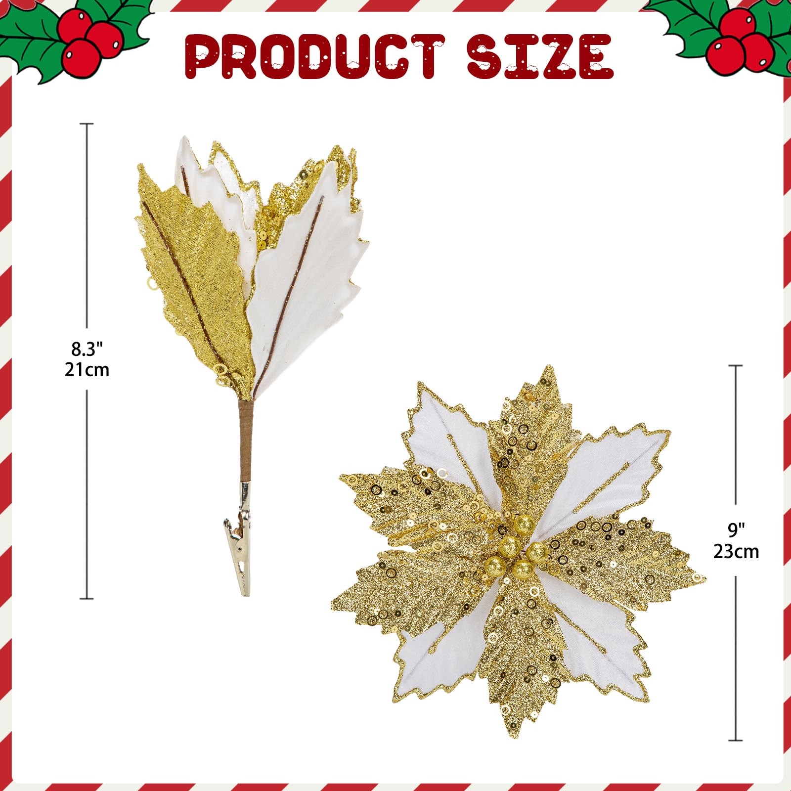 8 PCS White Gold Velvet Artificial Poinsettias Christmas Flowers 9 In Clip Set