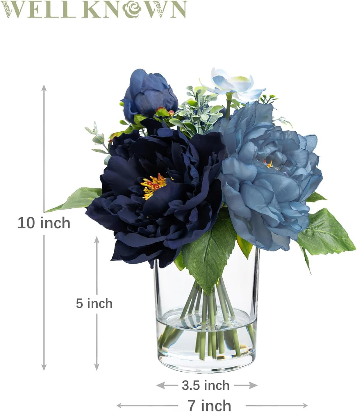 Silk Peony Flower Bouquet in Glass Vase with Fake Water – Navy & Light Blue