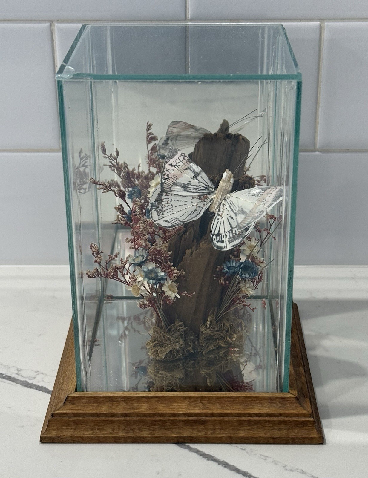 Glass Display Terrarium Butterfly (Faux) Dried Florals Wood Base CottageCore