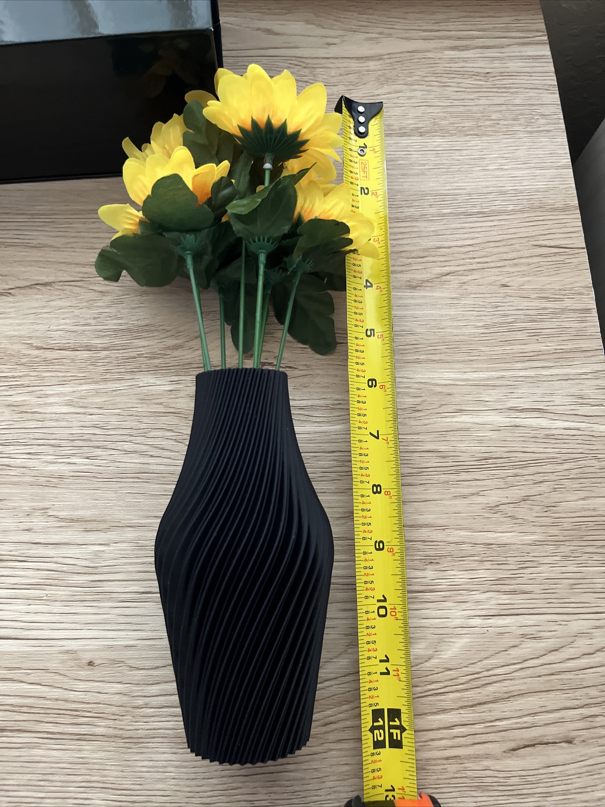 Small Black Vase Decorative Matte Black Vase w Faux Sunflowers NEW