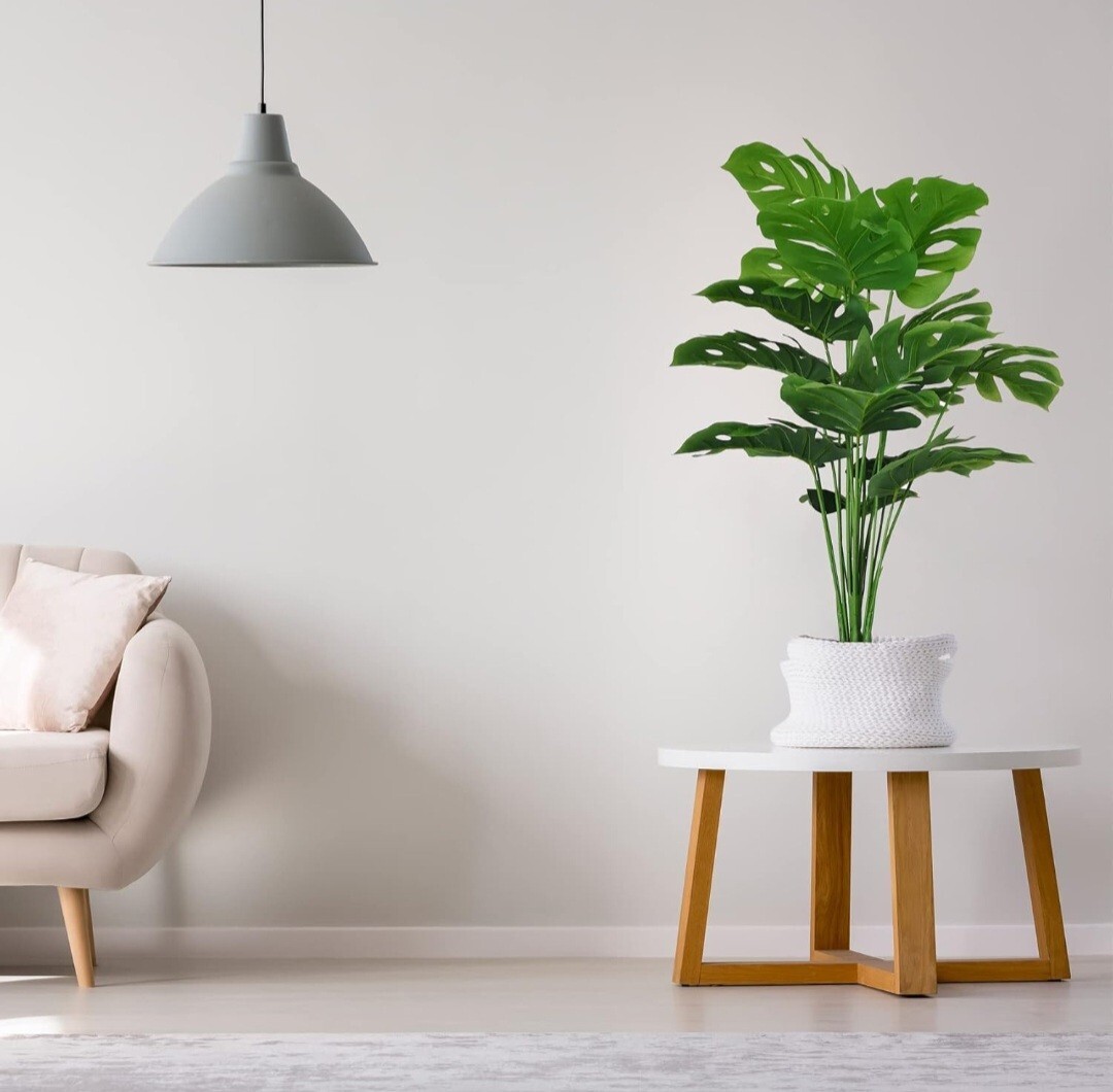 Set of 2 Artificial Monstera Deliciosa Plants in Pots, Fake Tropical Palm Tre…