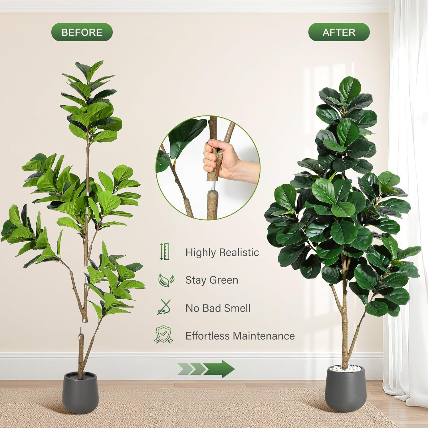 6 Ft Fiddle Leaf Fig Tree – Realistic Faux Plant in Grey Planter Pot