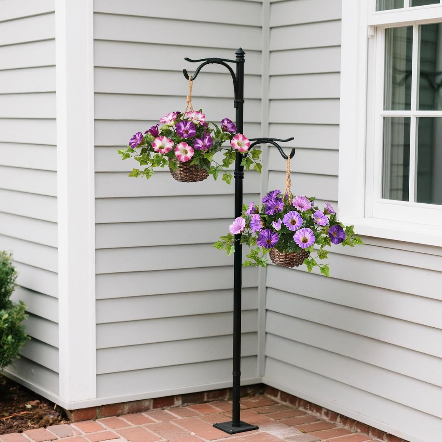 2 Set Artificial Outdoor Flowers with Hanging Basket, 2 Hanging Planters Faux Si