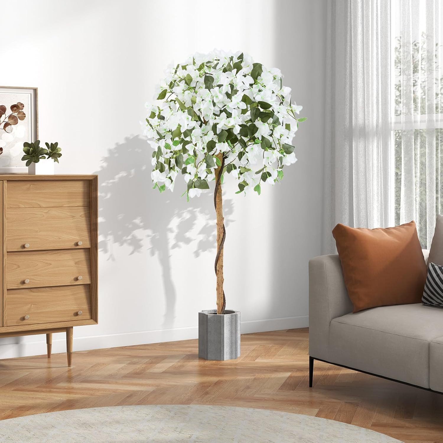 53″ White Artificial Bougainvillea Tree – Faux Silk Plant for Home & Garden Deco