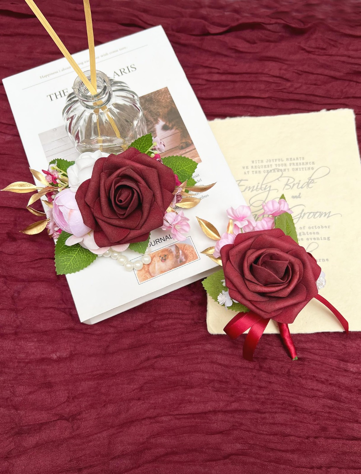 2 PCS Burgundy Red Artificial Foam Rose Wrist Corsage Boutonniere Set Prom