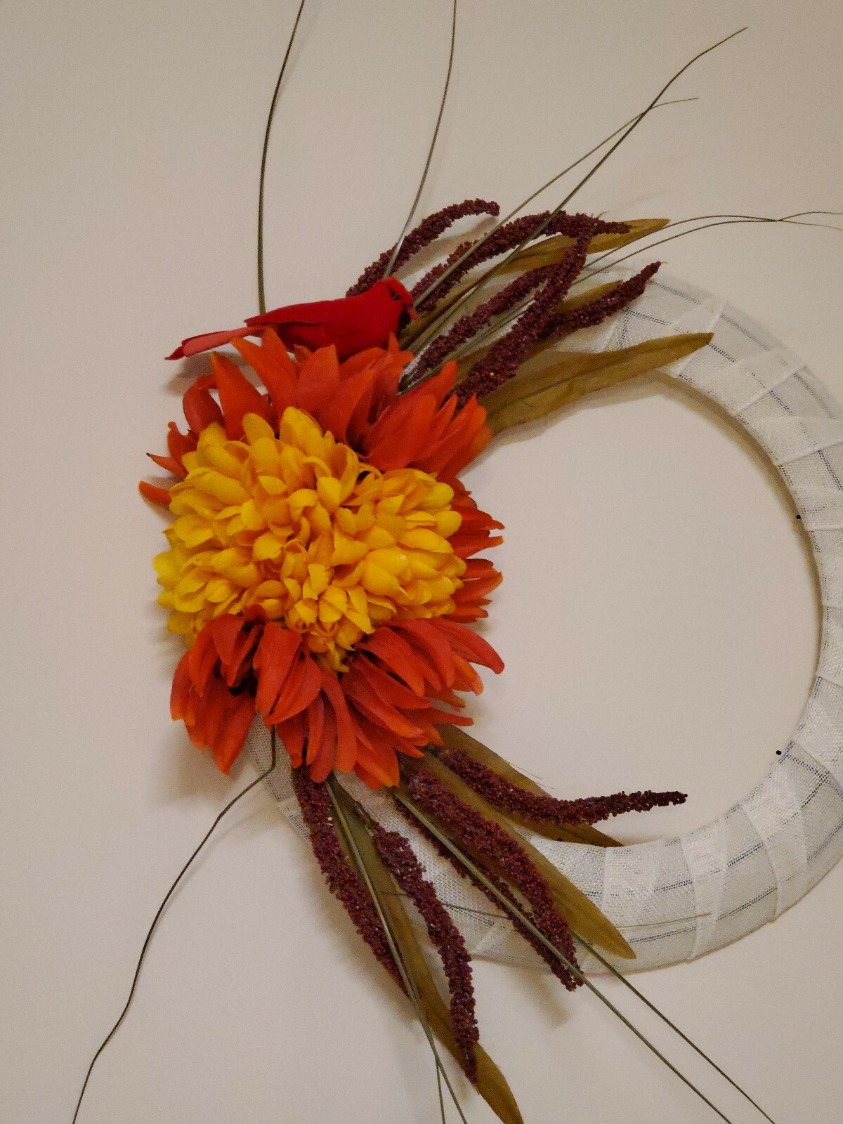 Heather MUM white orange red CARDINAL burlap WREATH FALL autumn Decor Front Door