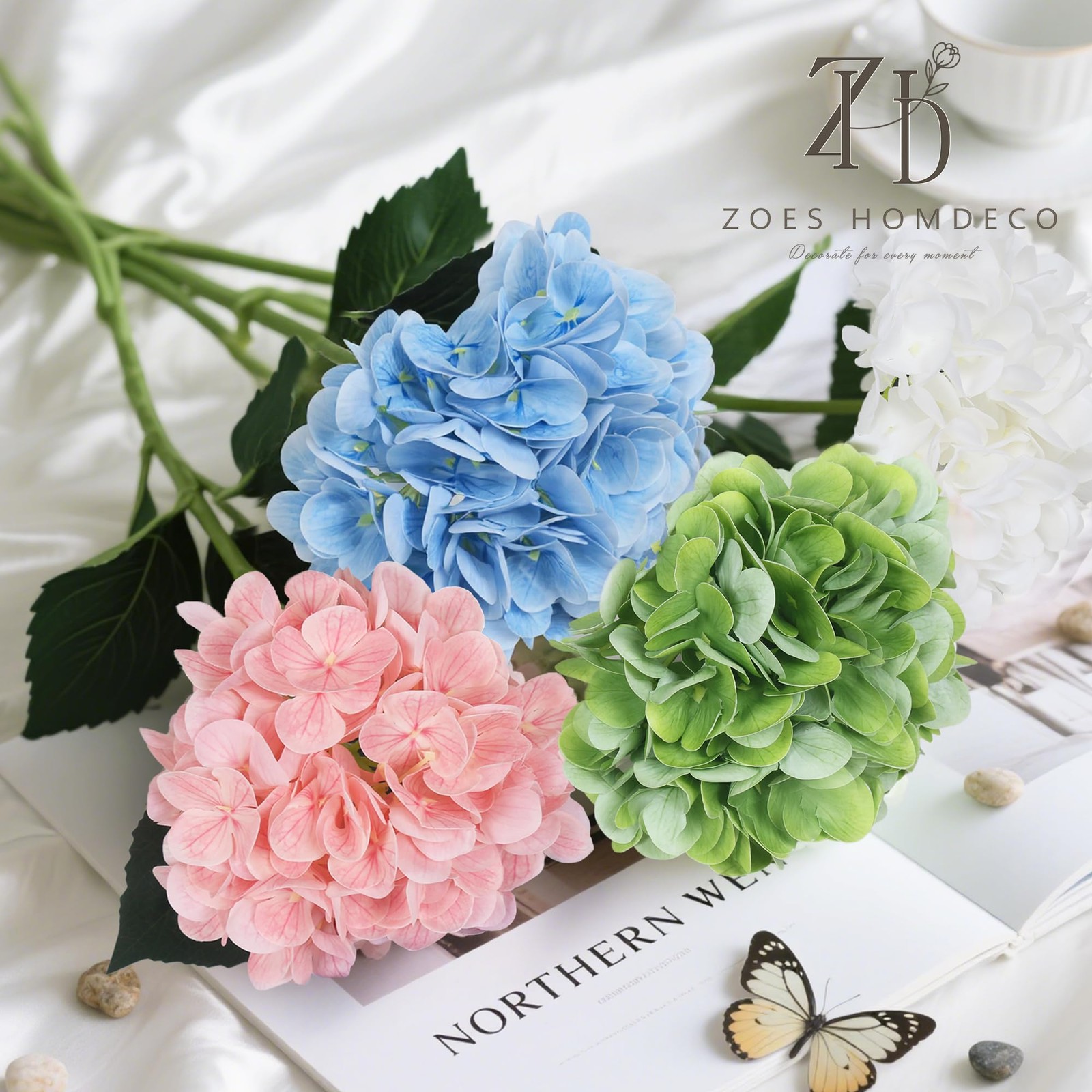 4PCS 25″ Hydrangea Artificial Flowers Full Latex Faux Hydrangea Flowers, Arti…