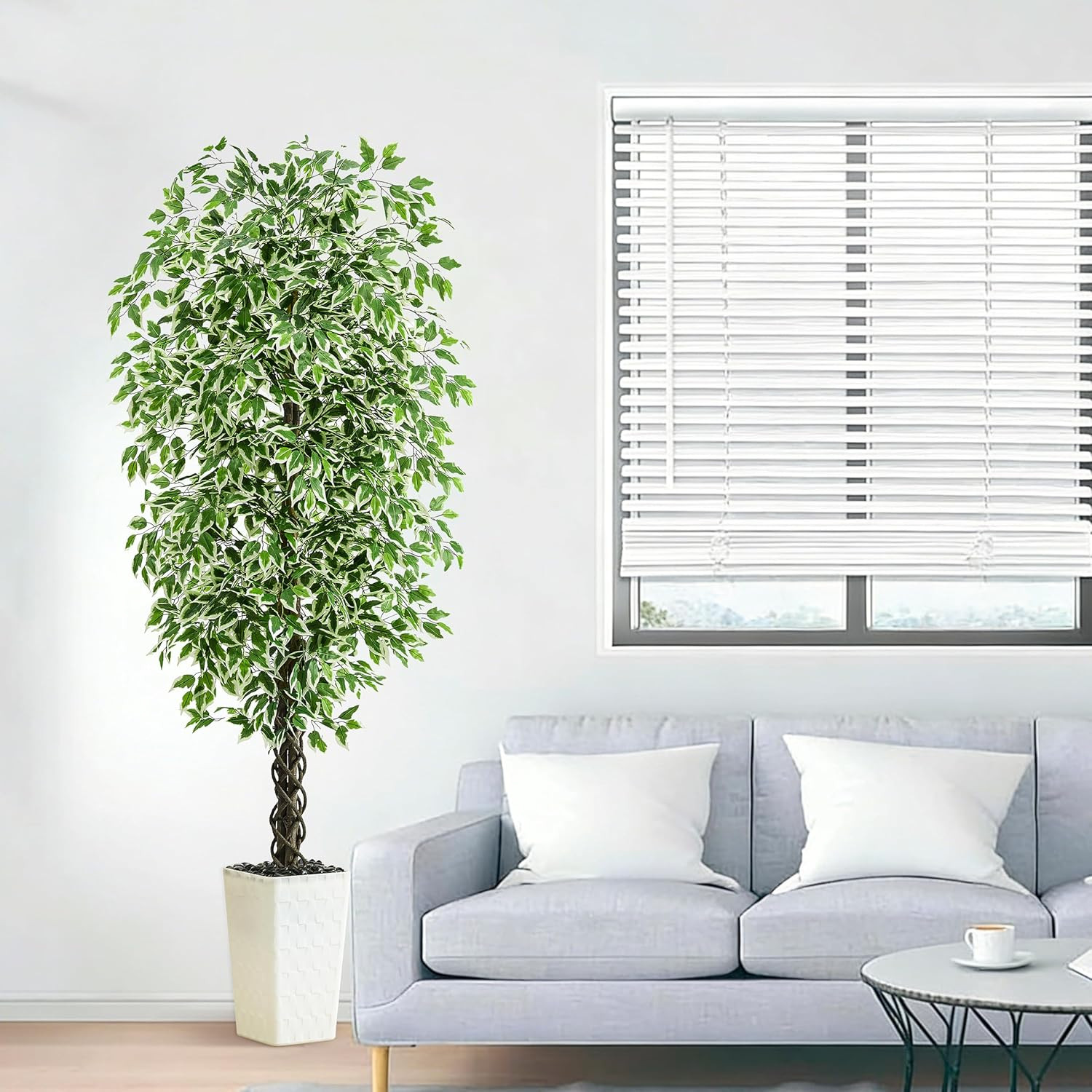 7FT Artificial Ficus Tree with White Planter – Lifelike Indoor/Outdoor Decor