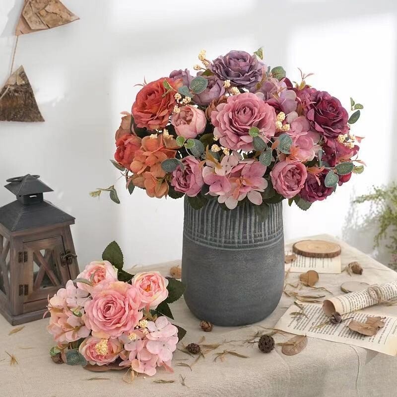 Artificial Flowers Retro Silk Rose Bouquet Hydrangea Peony Vintage Bride wedding