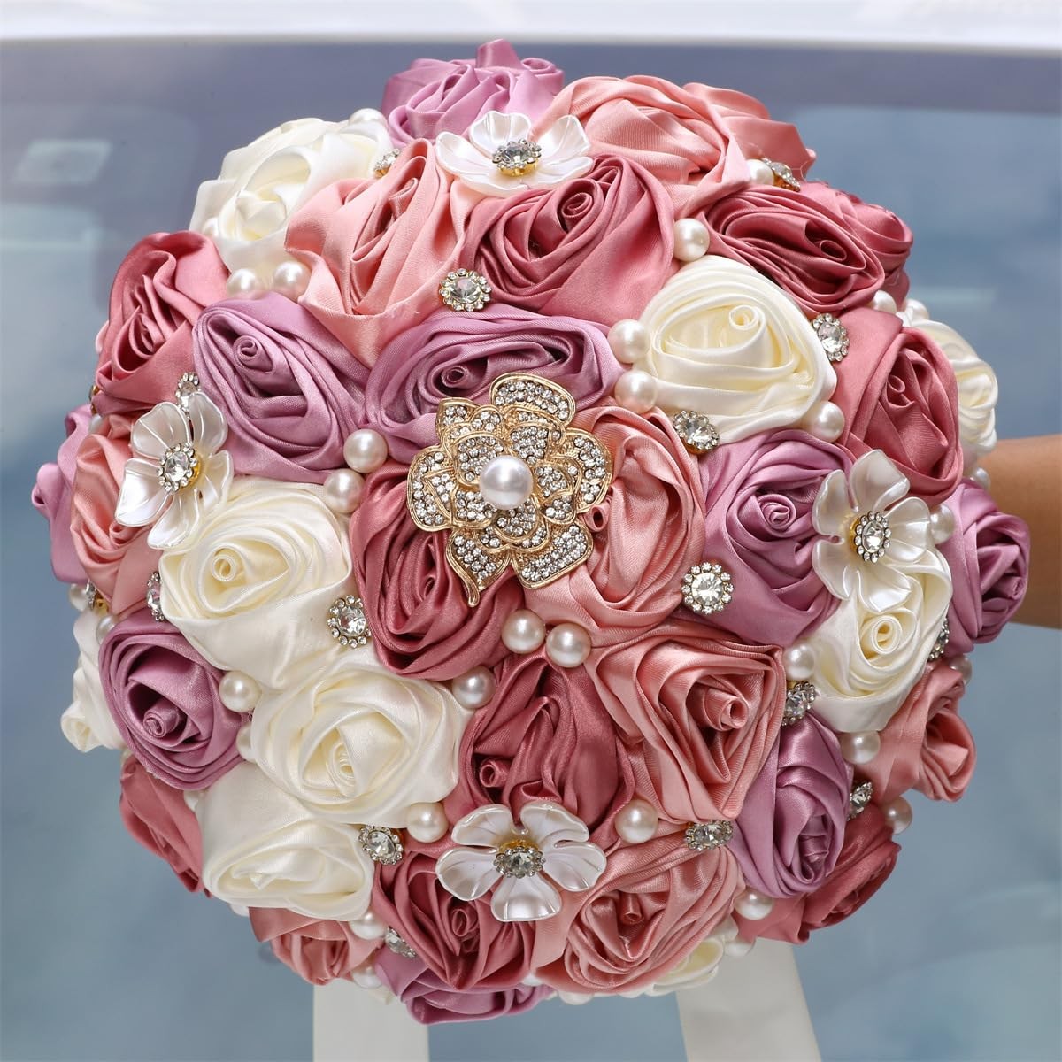 Mhojpik 7.5″ Bridal Wedding Bouquet Round Bling Brooch Bouquet Throw Toss Art…