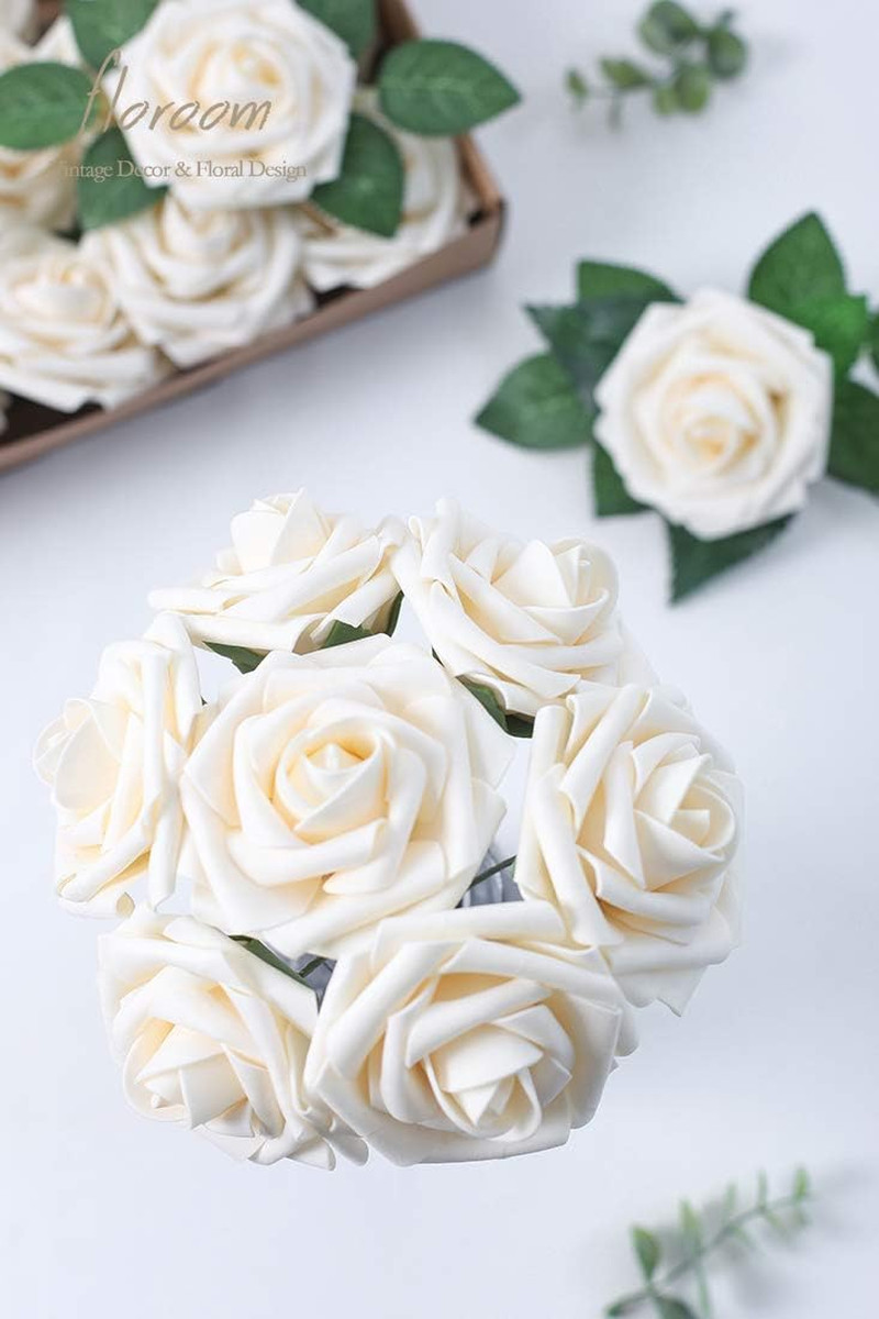 50pcs Cream Foam Roses Artificial Flowers Stems DIY Wedding Bouquets Decor
