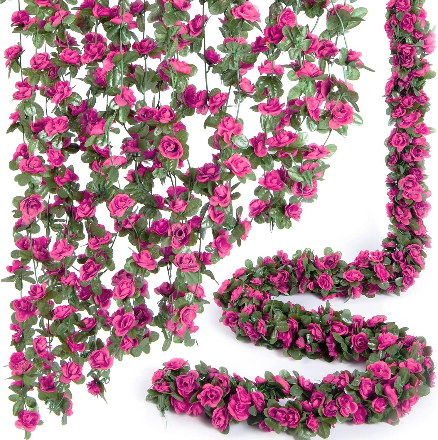 8 Pcs 8.2′ Artificial Rose Garland, Pink Flower Vine Faux Hanging Decor