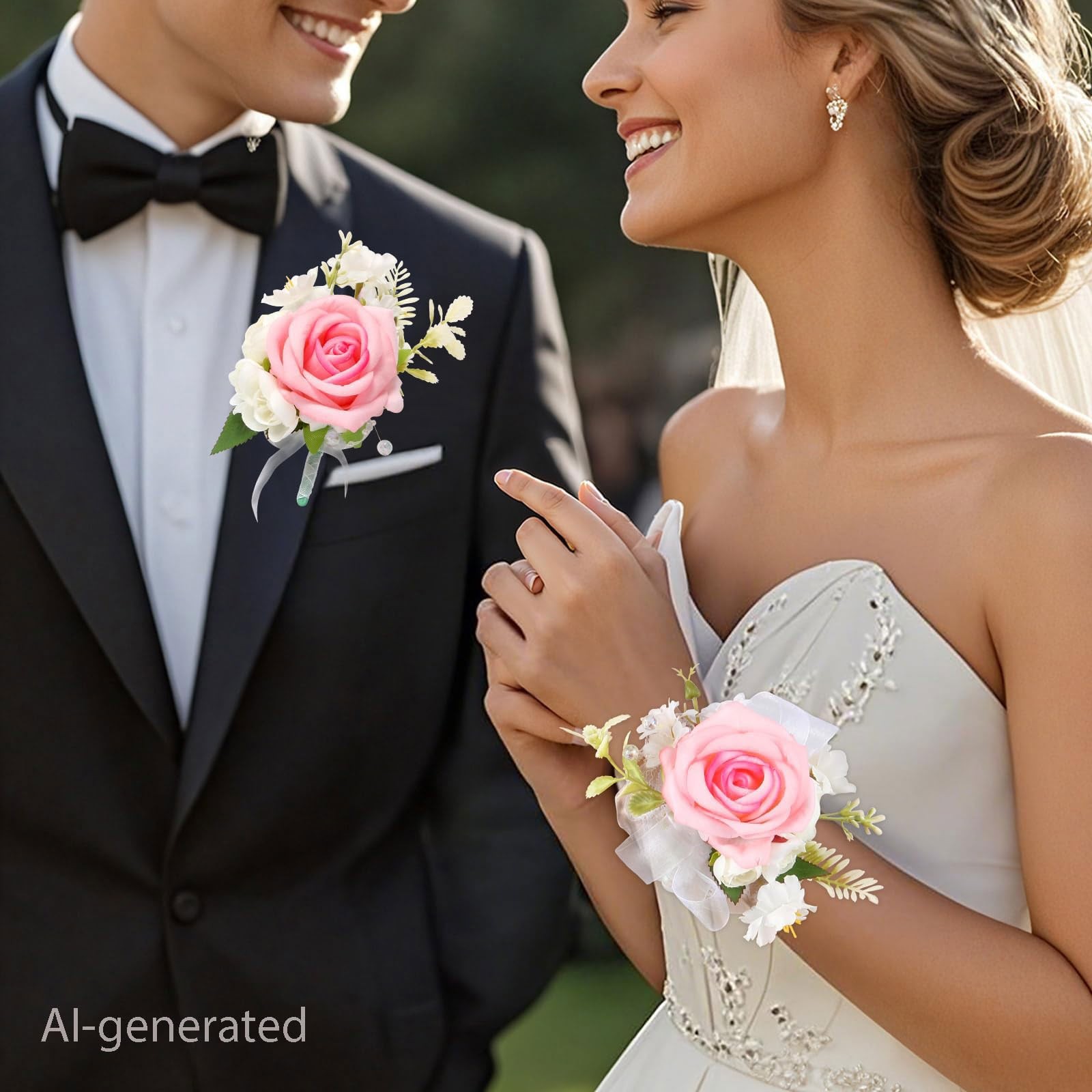 1 Set Wrist Corsage Boutonniere Set Artificial Rose Pink Wedding Prom Party