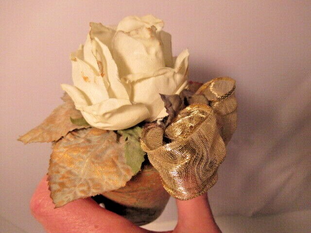 Vintage Paper Rose in Terracotta 3″ pot w/ Gild & Moss finish-Gold Bow- Romantic