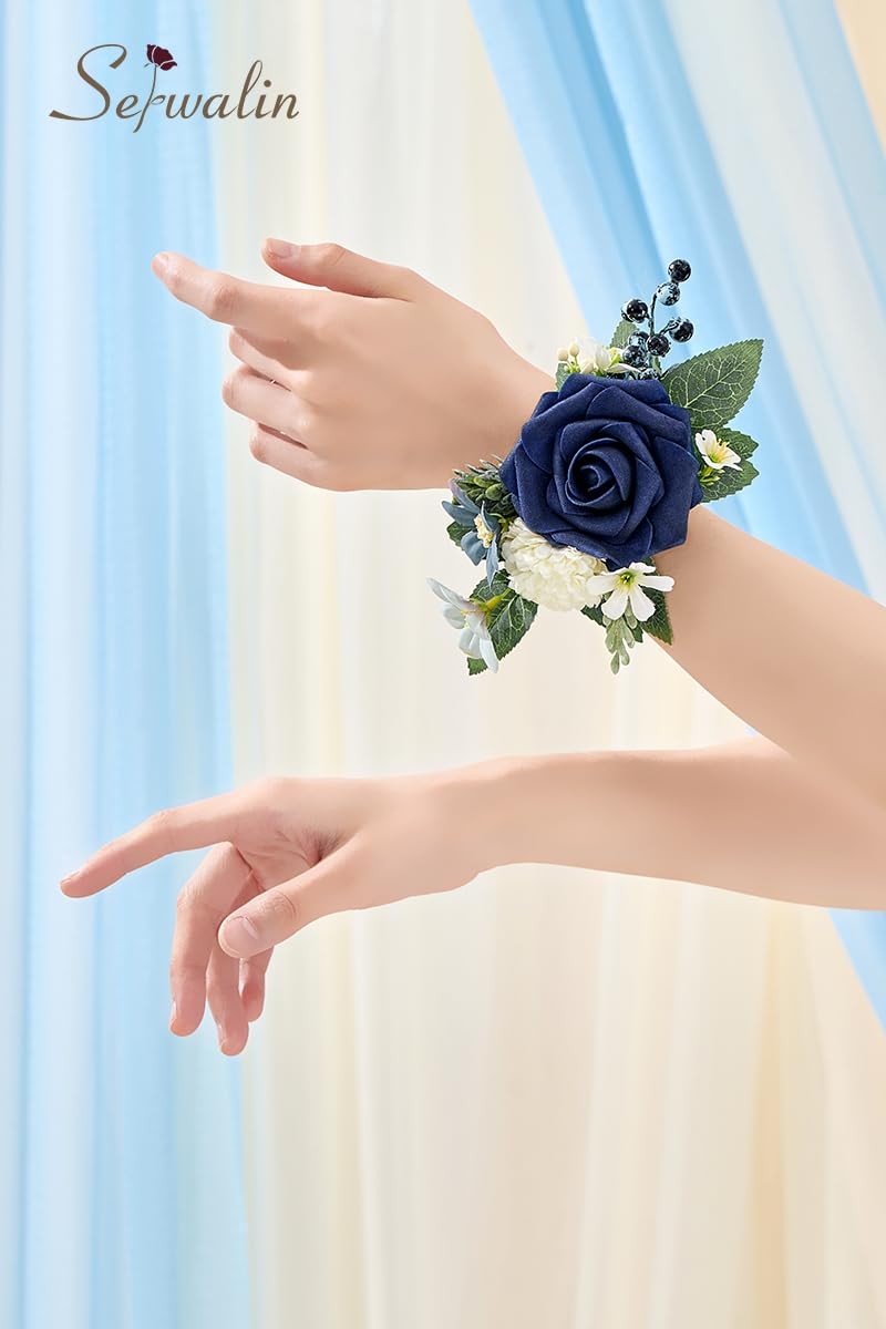 6-7 Inch Navy Blue Wrist Corsage Wedding Bridesmaid Artificial Flowers 2 PCS