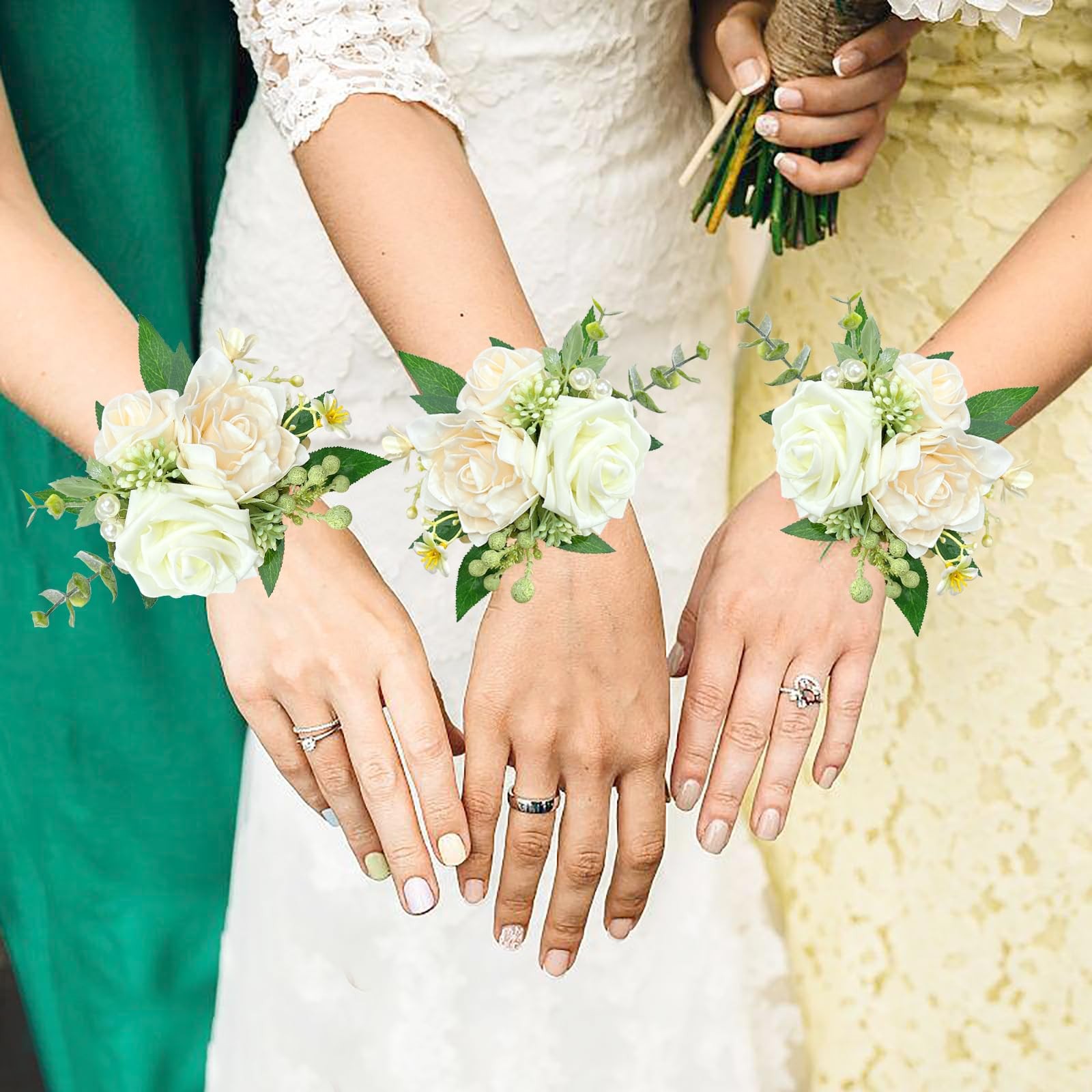 Ivory Rose Wrist Corsages White Flower Bridal Wristband Wedding Decor 6 PCS