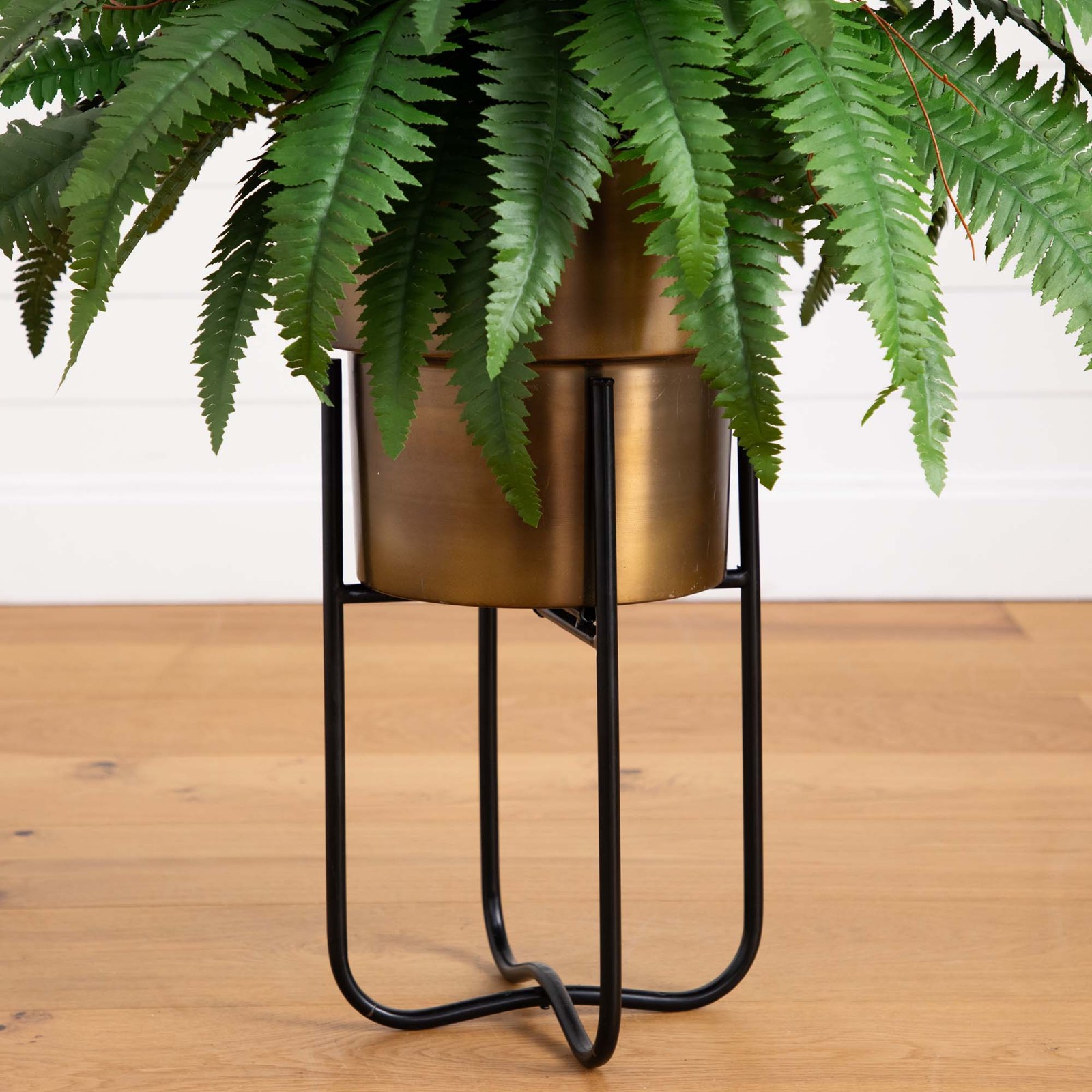 Nearly Natural 35″ Artificial Boston Fern in Brass Metal Planter with Stand