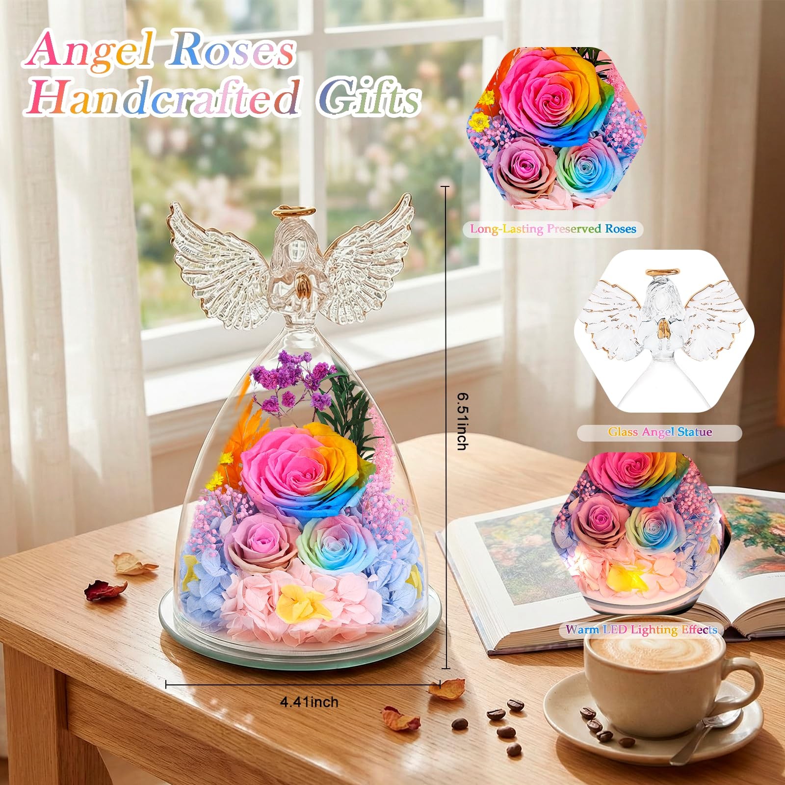 Gifts for Mom Preserved Rose Forever Flower in Glass Angel Figurine Fresh Flo…