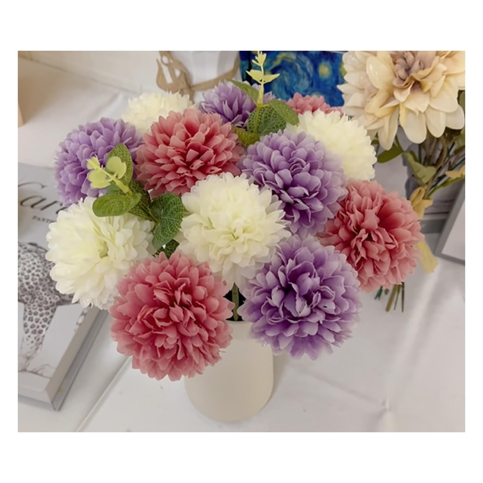 Artificial Silk Chrysanthemums with Eucalyptus, 12″ Faux Mums