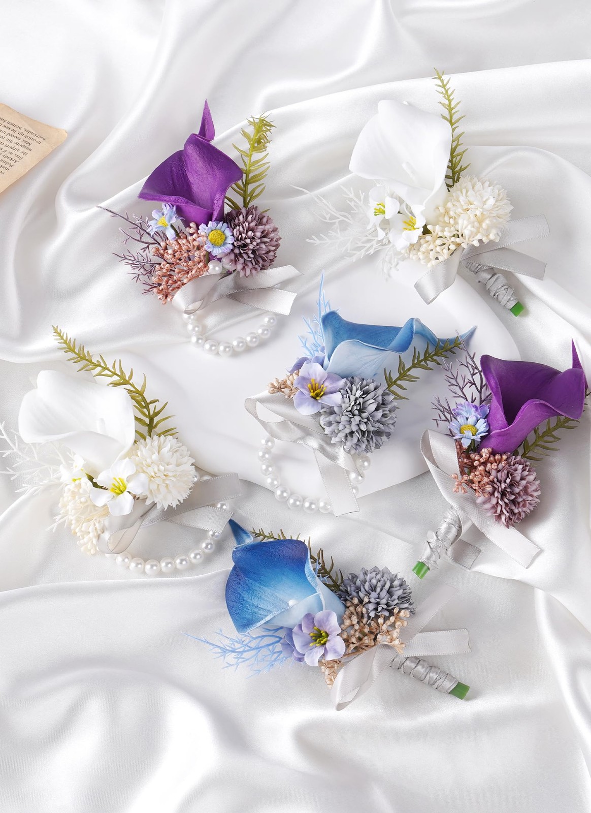 2 PCS Blue Boutonniere, Corsage Wristlet Set, Artificial Flowers, Wedding, Prom