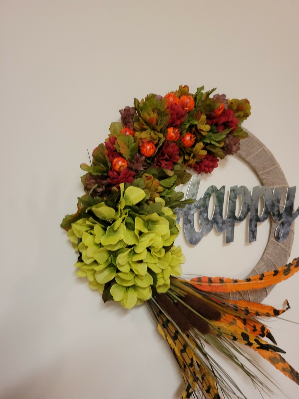 HAPPY Hydrangeas Cat tail burlap WREATH FALL Feather Decor Front Door 15″ fire
