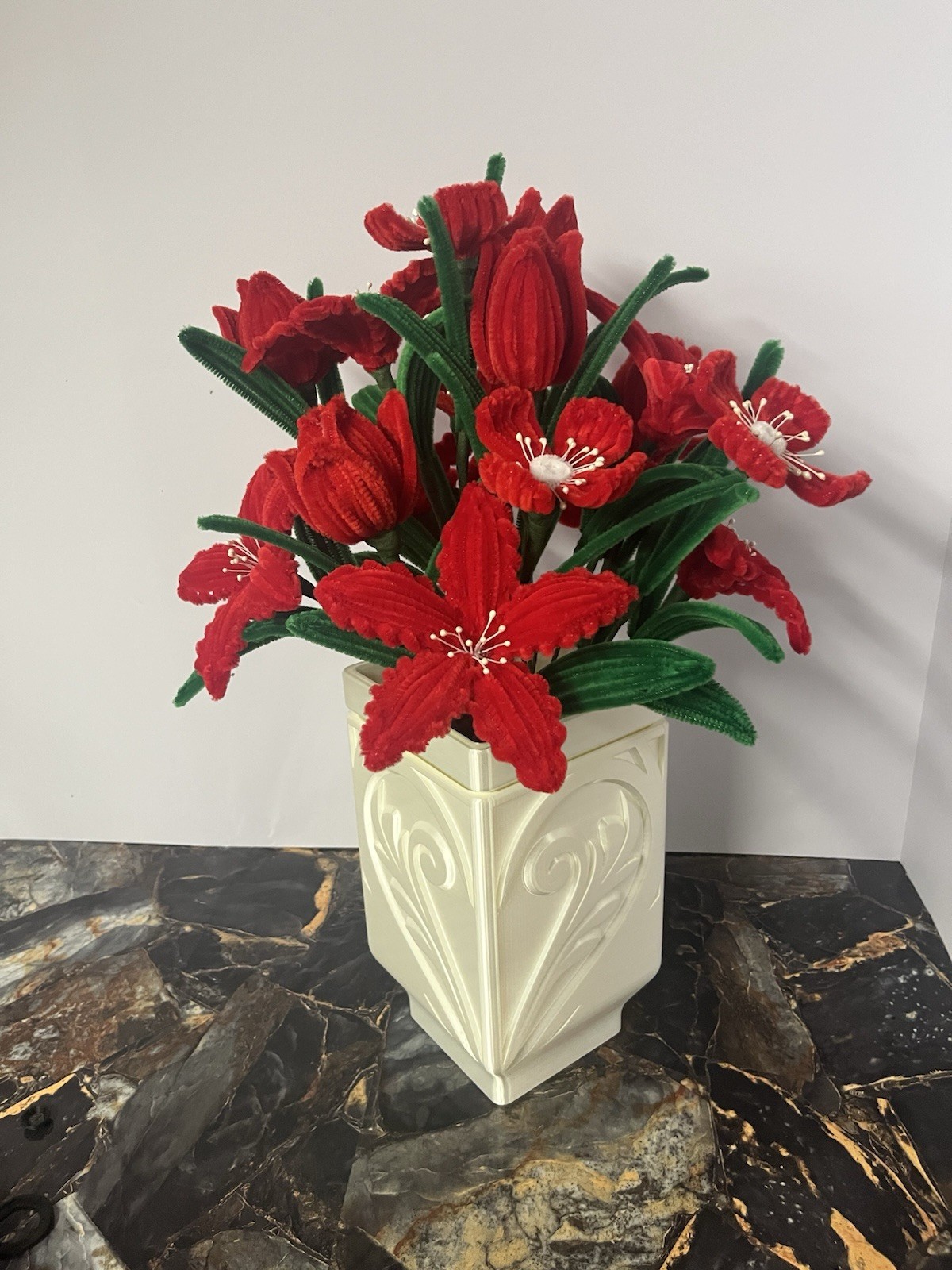 Handmade Red Pipe Cleaner Flower Arrangement in Elegant Vase – Unique Decor