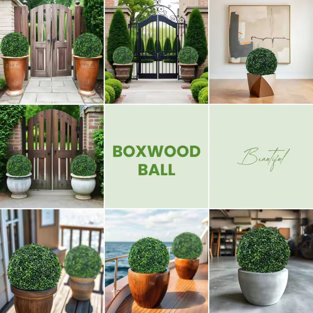 15 In. 2 Balls Artificial Boxwood Topiary Ball Trees 4 Layers of Uv-Resistant Bo
