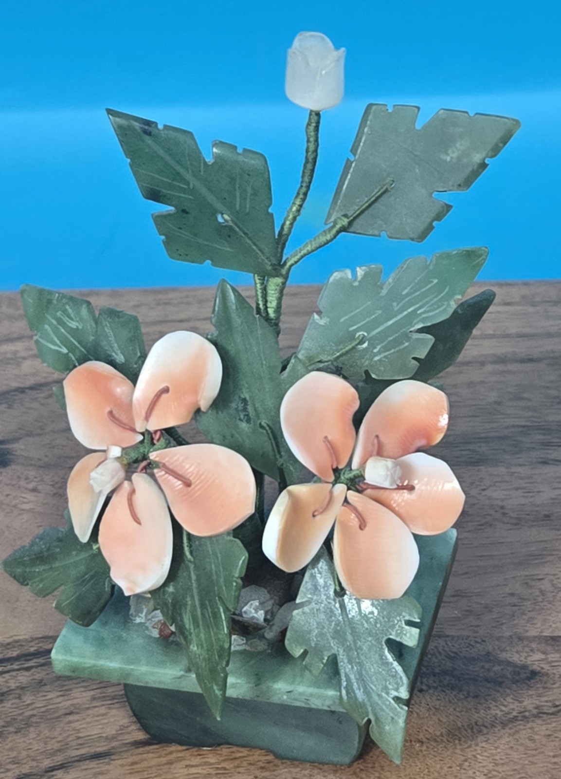 Vintage Jade & Shell Flower Arrangement – Handcrafted Bonsai-Style Floral Sculpt