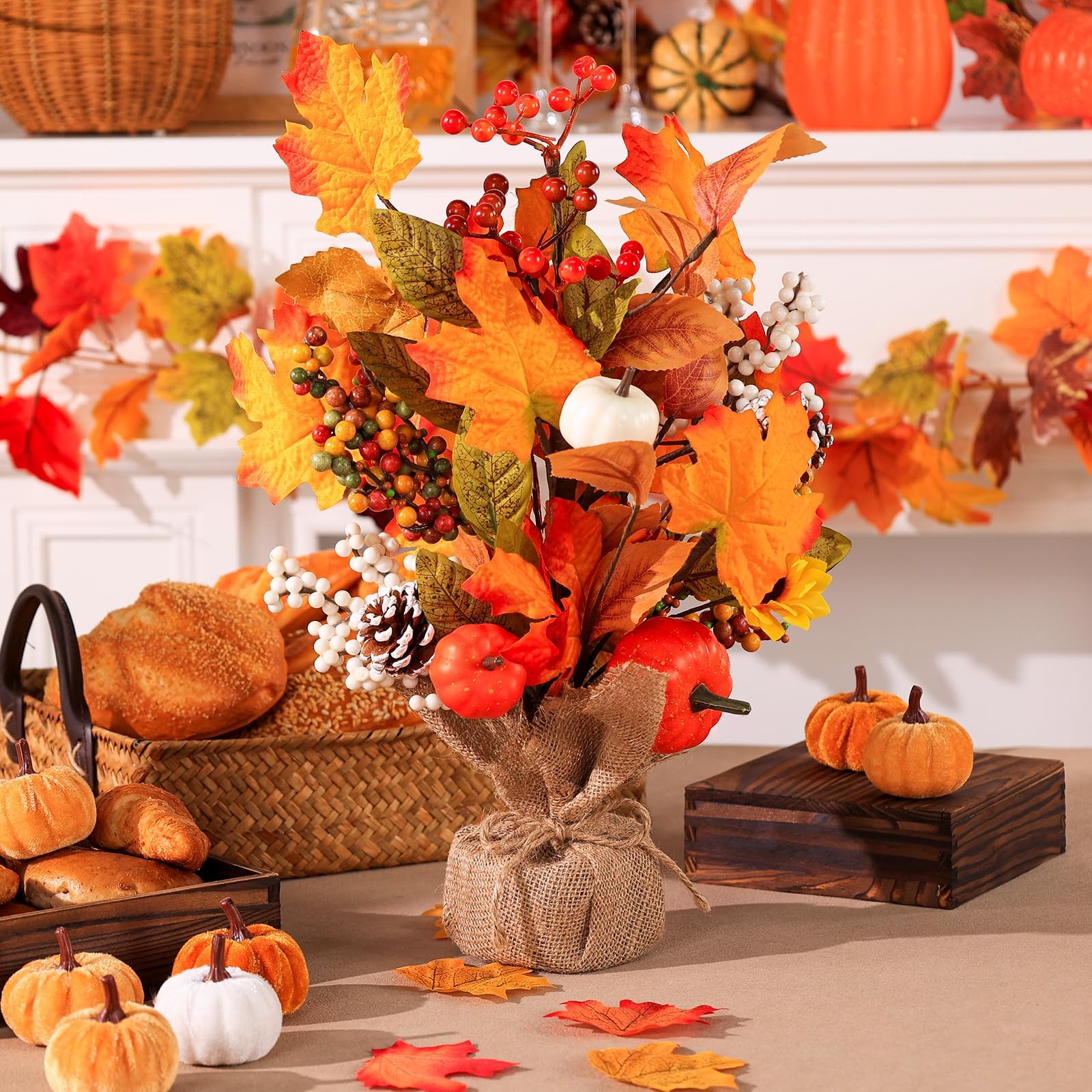 2 PCS Fall Maple Tabletop Tree Decor Pumpkins Pinecones LED Burlap Base Autumn