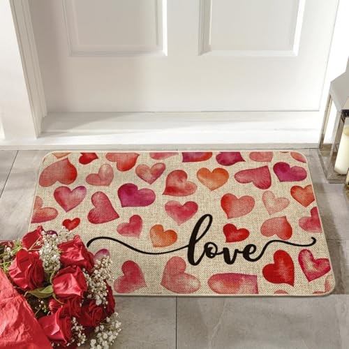 Heart Love Valentine’s Day Doormat, Anniversary Wedding Home 17″ x 29″ Beige