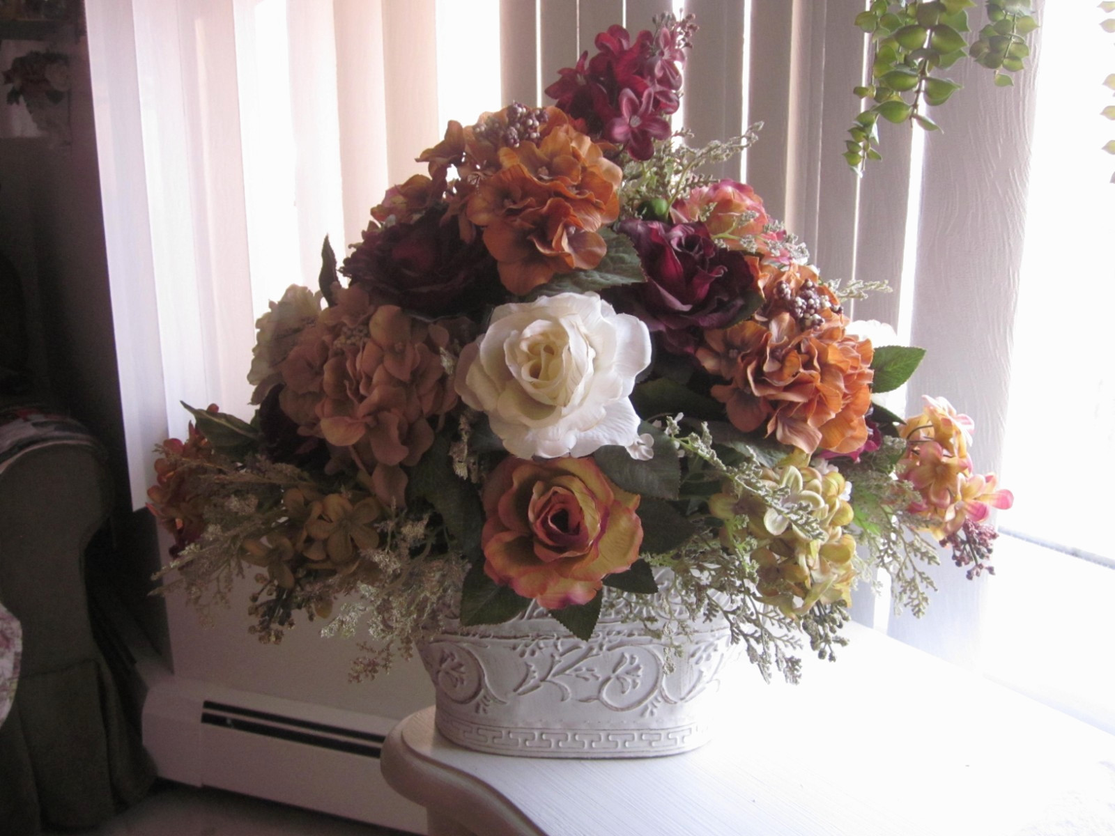 beautiful handmade mauve burgundy roses earth tone floral centerpiece accent