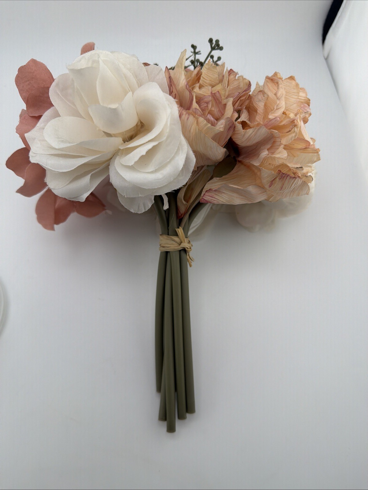 Flower Arrangement Rose, Blush, Peach, Green Mason Jar Artificial 11” Glass