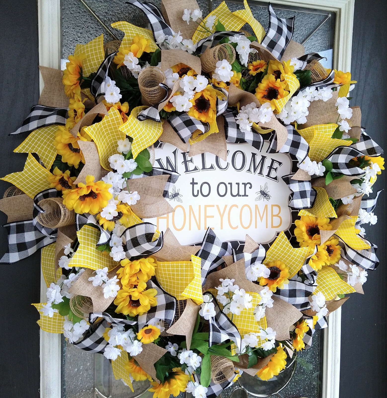 Welcome Honeycomb Bee Summer Sunflower Country Farmhouse Door Deco Mesh Wreath