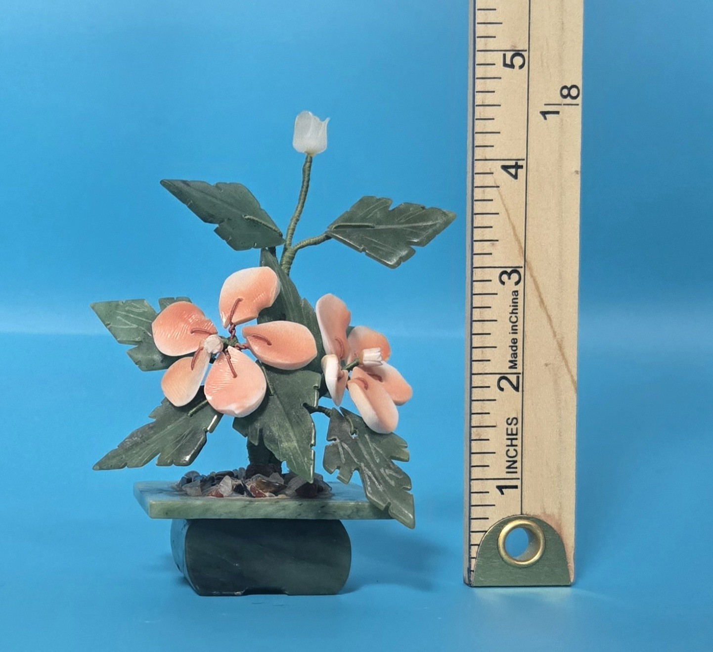 Vintage Jade & Shell Flower Arrangement – Handcrafted Bonsai-Style Floral Sculpt