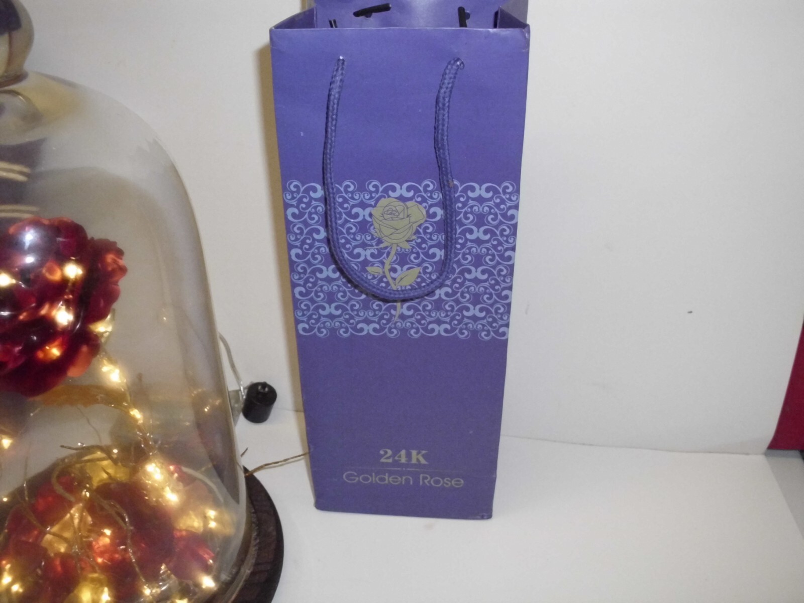 24K Golden Rose Gold Dipped Rose Box,Bag,Lights Heavy Crystal Dome Oak Base