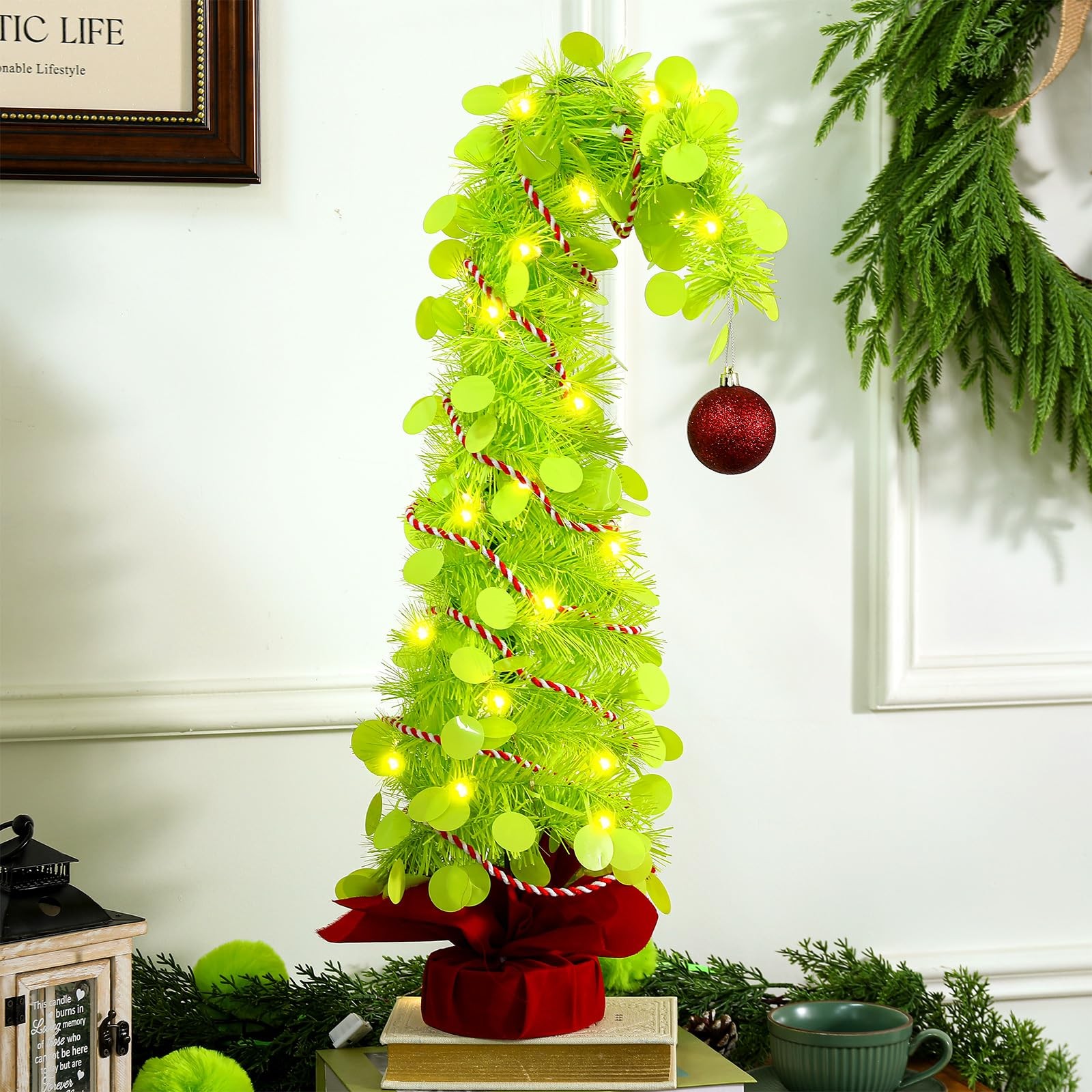 1 PCS 2.1 Ft Whimsical Table Top Christmas Tree Bendable Lime Green Curved