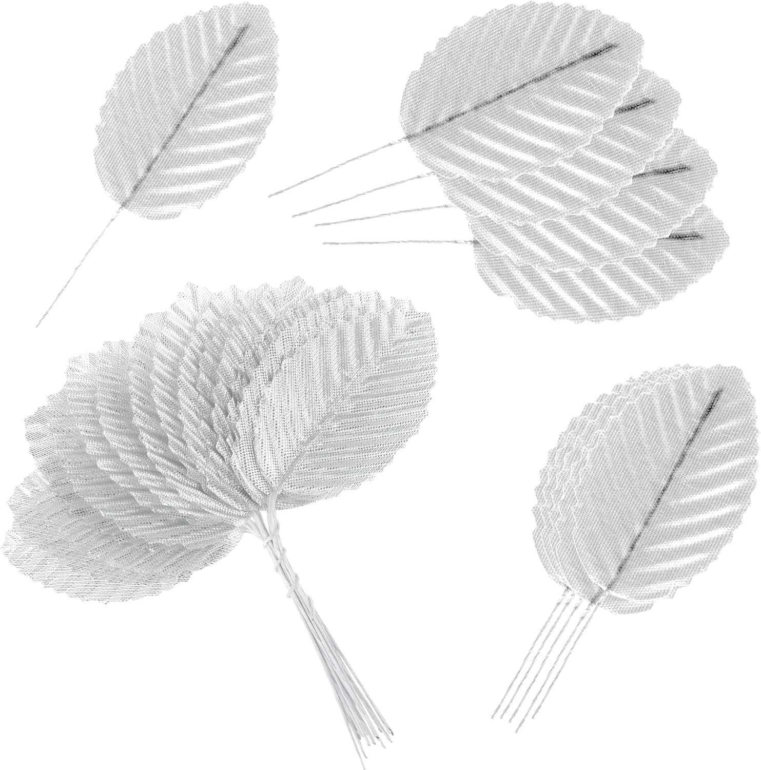 200 Pcs Silver Leaves for Crafts – Artificial Silk Faux Wired Single Leaf Wire C