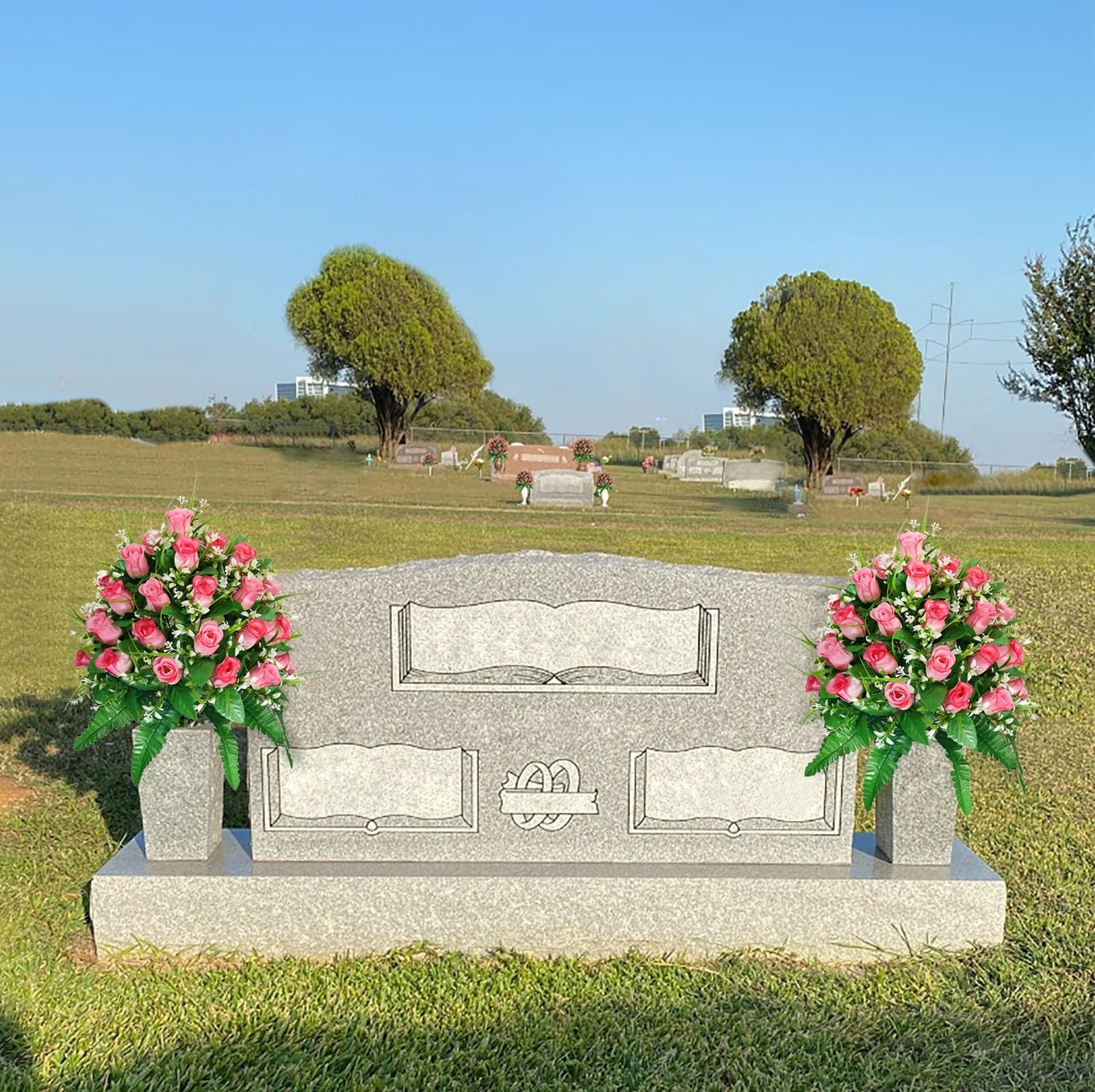 2 Sets Pink Artificial Cemetery Flowers – Realistic Roses for Grave Decor, Non-B