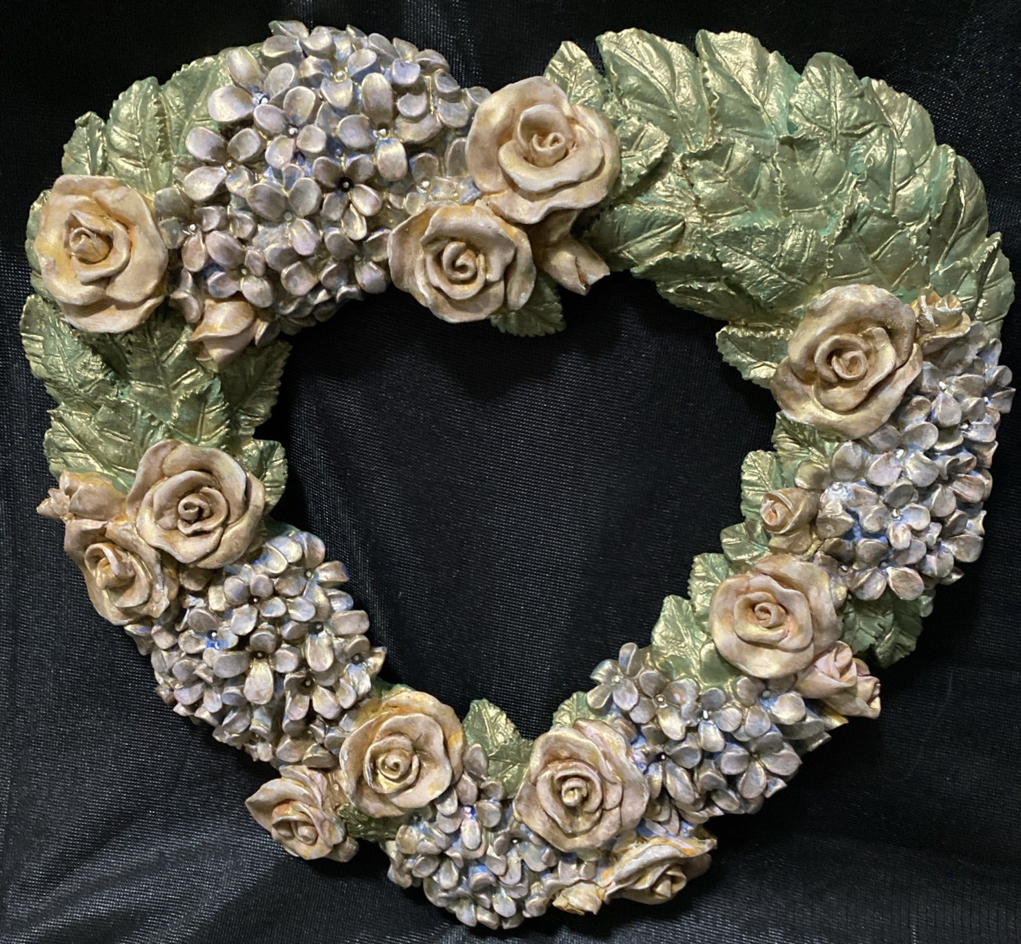 Vintage Resin Rose and Hydrangea Heart Wreath Custom Soft Muted Pastels, Guilted