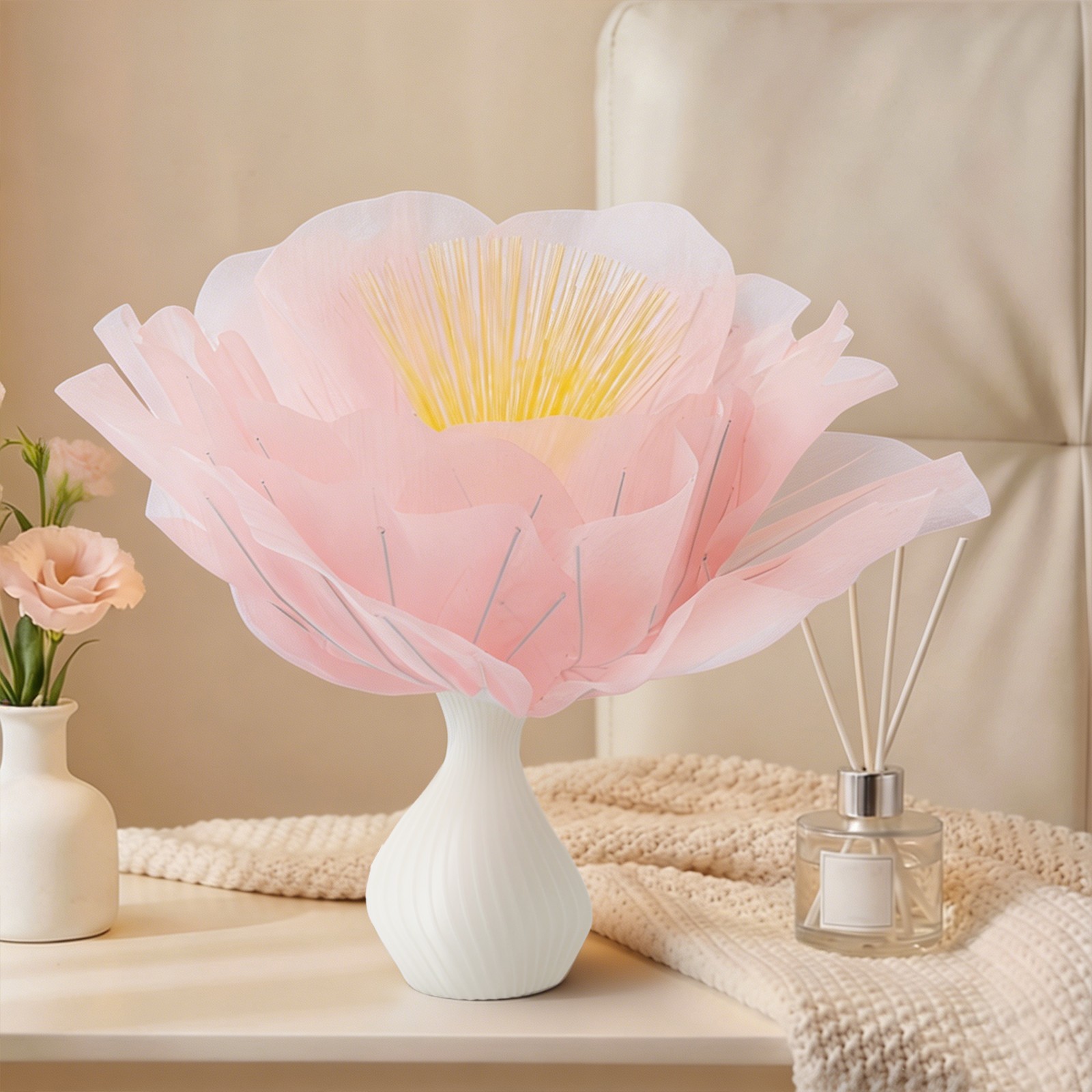 Desktop Pink Organza Artificial Flower With Vase Atmosphere Lamp Ornament